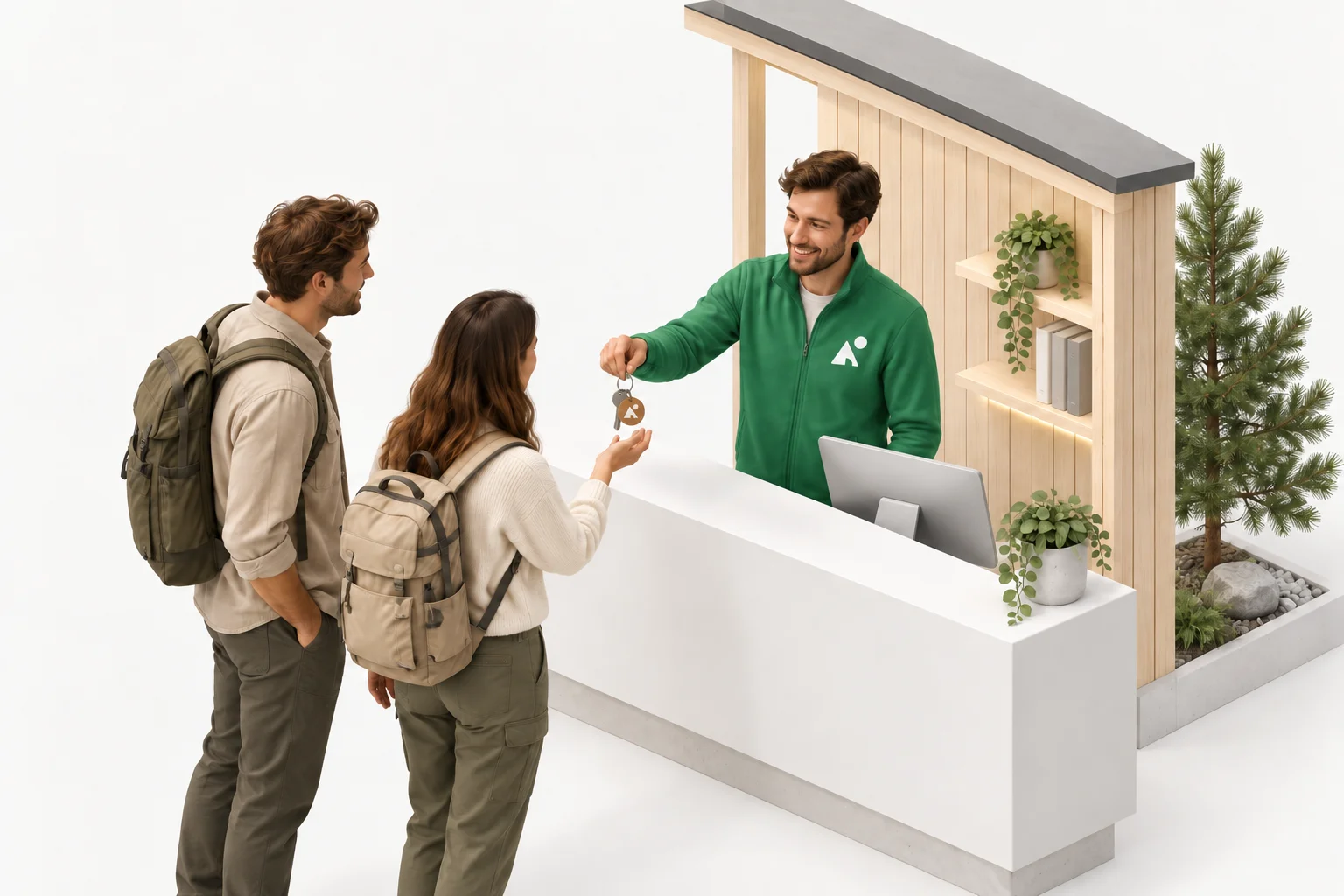 Recepcionista de camping con chaqueta verde e isotipo de Logic Camping entregando una llave a una pareja de huéspedes