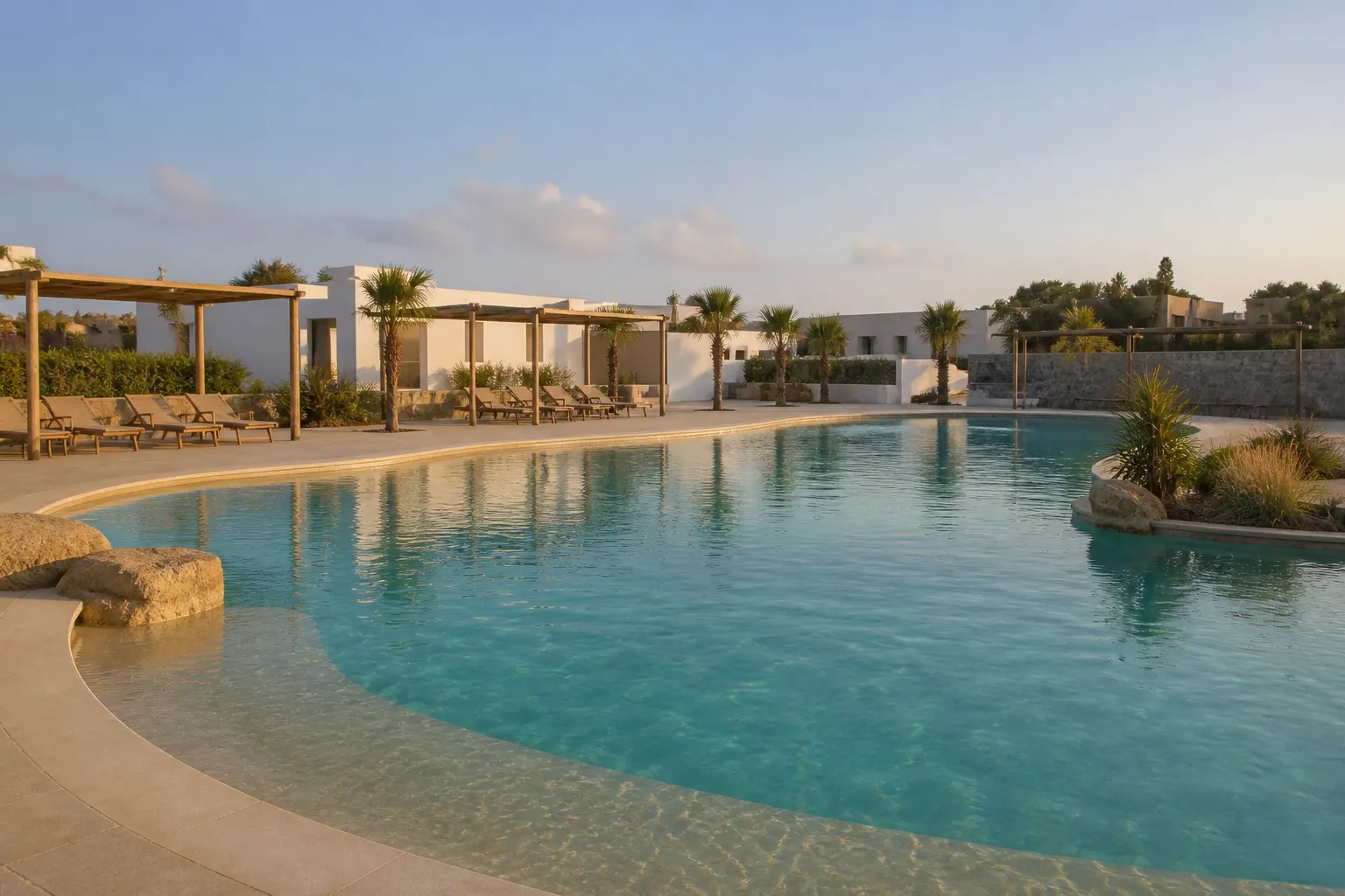 Lagoon pool at the fictional Mar de Fondo resort at sunset